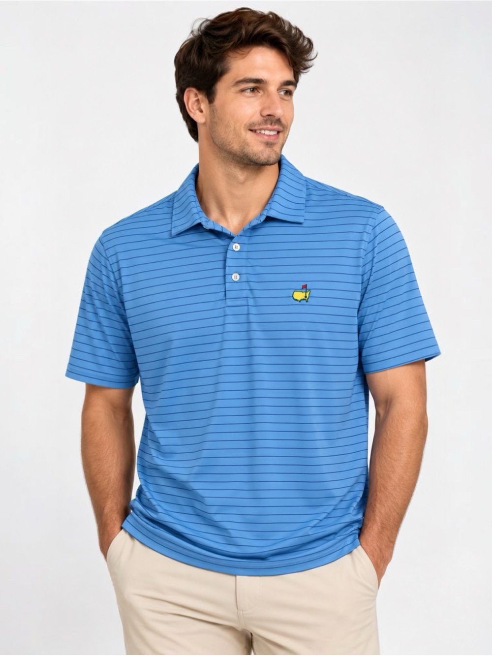 Masters Tech Light Blue with Navy Thin Stripes Performance Golf Shirt Polo
